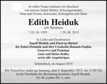 Traueranzeige von Edith Heiduk (geb. Baumann)  von Magdeburger Volksstimme