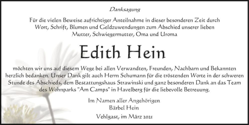  Traueranzeige für Edith Hein  vom 10.03.2021 aus Magdeburger Volksstimme