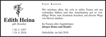 Traueranzeige von Edith Heina (geb. Roscher)  von Magdeburger Volksstimme