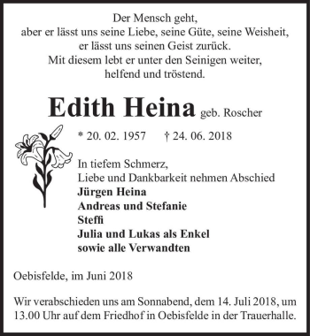 Traueranzeige von Edith Heina (geb. Roscher)  von Magdeburger Volksstimme