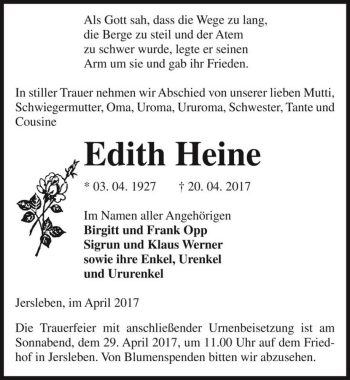 Traueranzeige von Edith Heine  von Magdeburger Volksstimme