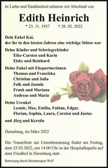 Traueranzeige von Edith Heinrich  von Magdeburger Volksstimme