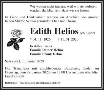 Traueranzeige von Edith Helios (geb. Bartel)  von Magdeburger Volksstimme