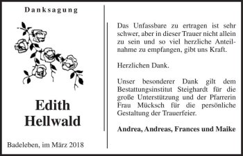Traueranzeige von Edith Hellwald  von Magdeburger Volksstimme