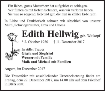 Traueranzeige von Edith Hellwig (geb. Wittkopf)  von Magdeburger Volksstimme