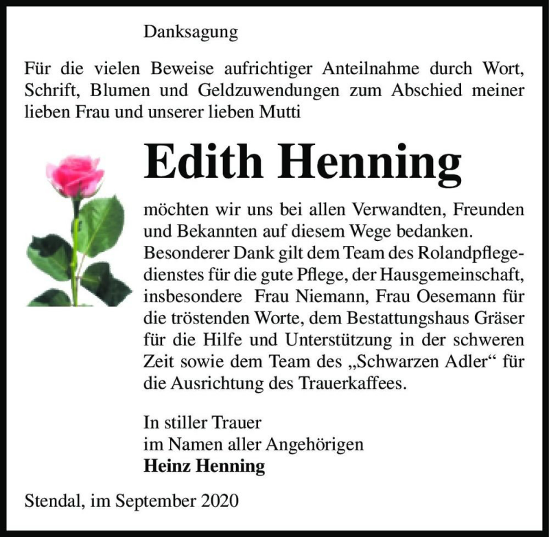  Traueranzeige für Edith Henning  vom 22.09.2020 aus Magdeburger Volksstimme