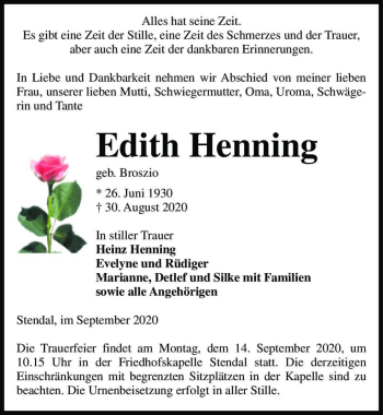 Traueranzeige von Edith Henning (geb. Broszio)  von Magdeburger Volksstimme