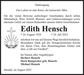 Traueranzeige von Edith Hensch  von Magdeburger Volksstimme
