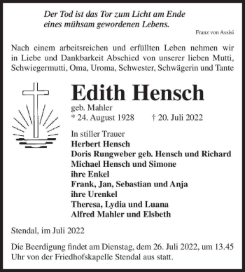 Traueranzeige von Edith Hensch (geb. Mahler)  von Magdeburger Volksstimme