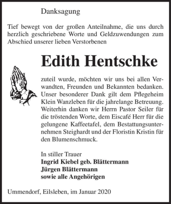 Traueranzeige von Edith Hentschke  von Magdeburger Volksstimme
