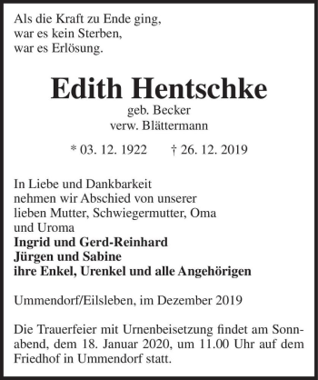Traueranzeige von Edith Hentschke (geb. Becker, verw. Blättermann)  von Magdeburger Volksstimme
