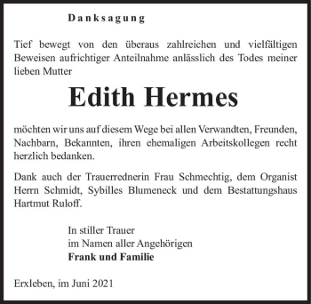 Traueranzeige von Edith Hermes  von Magdeburger Volksstimme