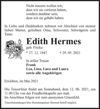 Traueranzeige von Edith Hermes (geb. Fricke)  von Magdeburger Volksstimme