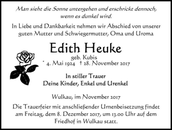 Traueranzeige von Edith Heuke (geb. Kubis)  von Magdeburger Volksstimme