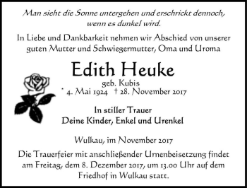 Traueranzeige von Edith Heuke (geb. Kubis)  von Magdeburger Volksstimme
