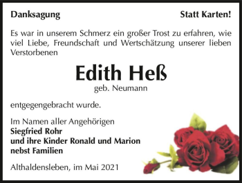 Traueranzeige von Edith Heß (geb. Neumann)  von Magdeburger Volksstimme