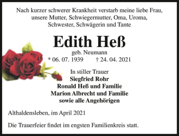 Traueranzeige von Edith Heß (geb. Neumann)  von Magdeburger Volksstimme