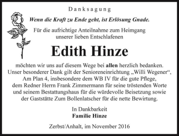 Traueranzeige von Edith Hinze  von Magdeburger Volksstimme