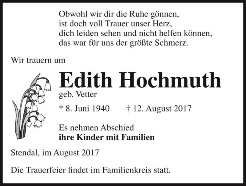  Traueranzeige für Edith Hochmuth (geb. Vetter)  vom 16.08.2017 aus Magdeburger Volksstimme