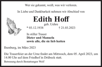 Traueranzeige von Edith Hoff (geb. Uehre)  von Magdeburger Volksstimme
