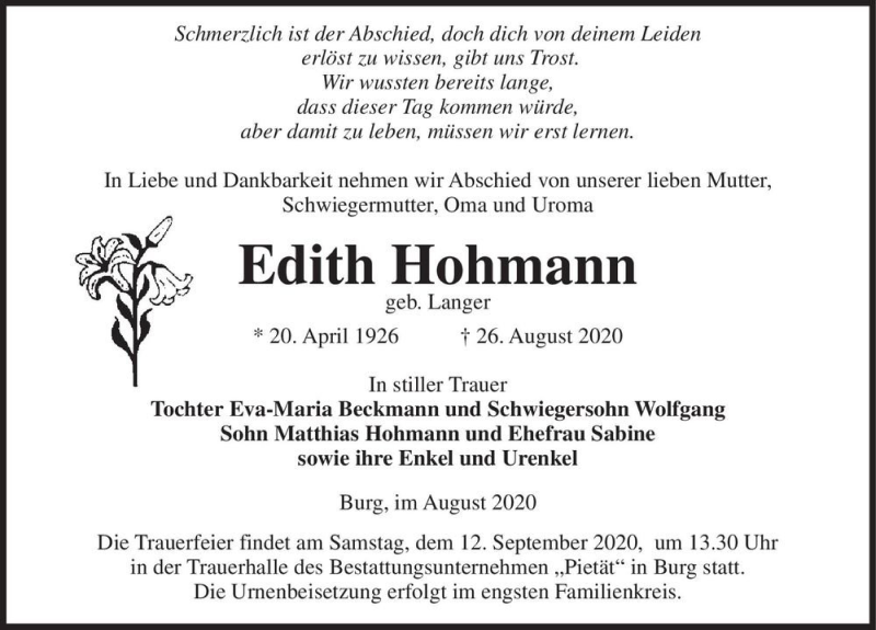  Traueranzeige für Edith Hohmann (geb. Langer)  vom 29.08.2020 aus Magdeburger Volksstimme