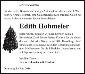 Traueranzeige von Edith Hohmeier  von Magdeburger Volksstimme
