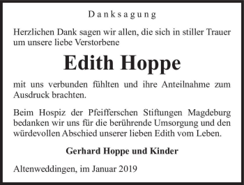 Traueranzeige von Edith Hoppe  von Magdeburger Volksstimme