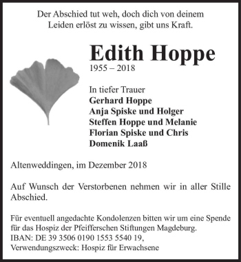 Traueranzeige von Edith Hoppe  von Magdeburger Volksstimme