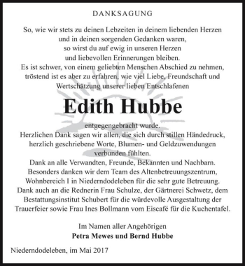 Traueranzeige von Edith Hubbe  von Magdeburger Volksstimme