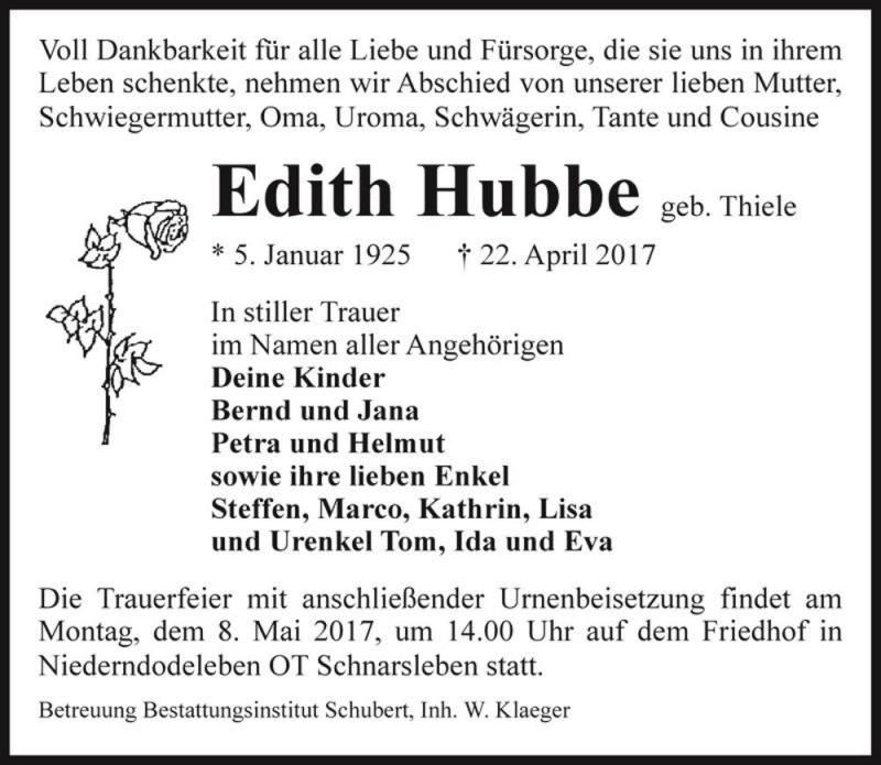  Traueranzeige für Edith Hubbe (geb. Thiele)  vom 29.04.2017 aus Magdeburger Volksstimme
