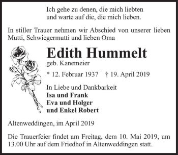 Traueranzeige von Edith Hummelt (geb. Kanemeier)  von Magdeburger Volksstimme
