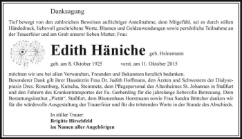 Traueranzeige von Edith Häniche (geb. Heinemann)  von Magdeburger Volksstimme