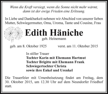 Traueranzeige von Edith Häniche (geb. Heinemann)  von Magdeburger Volksstimme