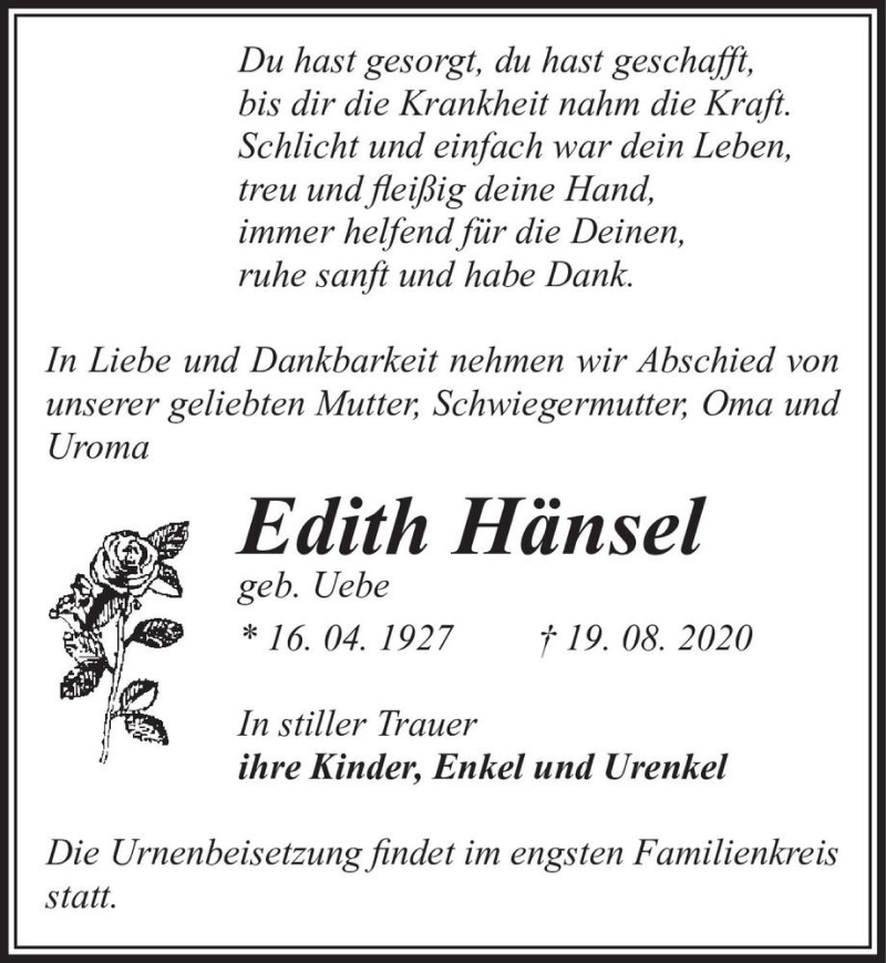  Traueranzeige für Edith Hänsel (geb. Uebe)  vom 05.09.2020 aus Magdeburger Volksstimme
