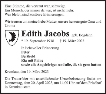 Traueranzeige von Edith Jacobs (geb. Bogdahn)  von Magdeburger Volksstimme