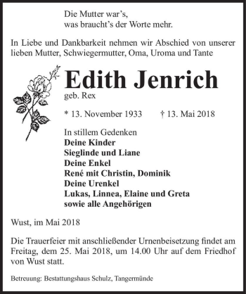 Traueranzeige von Edith Jenrich (geb. Rex)  von Magdeburger Volksstimme