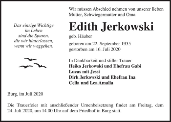 Traueranzeige von Edith Jerkowski (geb. Häuber)  von Magdeburger Volksstimme
