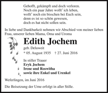 Traueranzeige von Edith Jochem (geb. Deluweit)  von Magdeburger Volksstimme