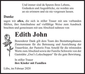 Traueranzeige von Edith John  von Magdeburger Volksstimme