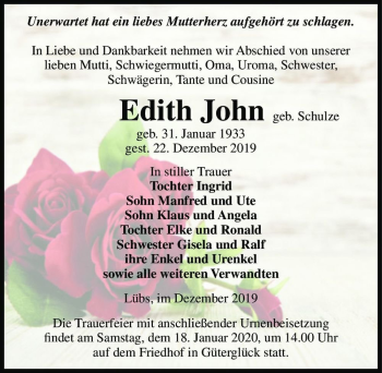 Traueranzeige von Edith John (geb. Schulze)  von Magdeburger Volksstimme
