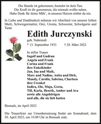 Traueranzeige von Edith Jurczynski (geb. Nahrstedt)  von Magdeburger Volksstimme