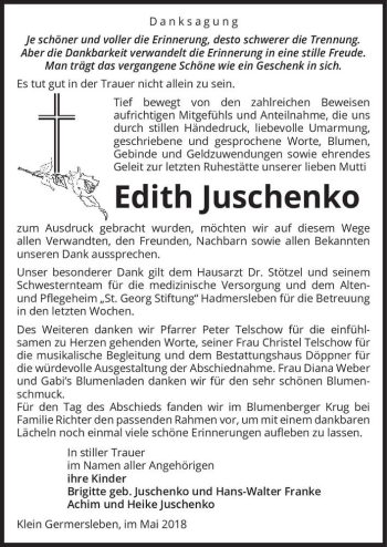 Traueranzeige von Edith Juschenko  von Magdeburger Volksstimme