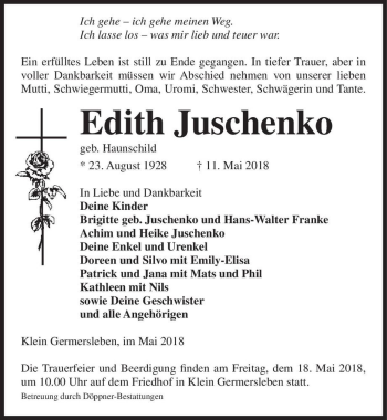 Traueranzeige von Edith Juschenko (geb. Haunschild)  von Magdeburger Volksstimme