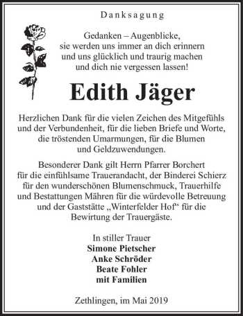 Traueranzeige von Edith Jäger  von Magdeburger Volksstimme
