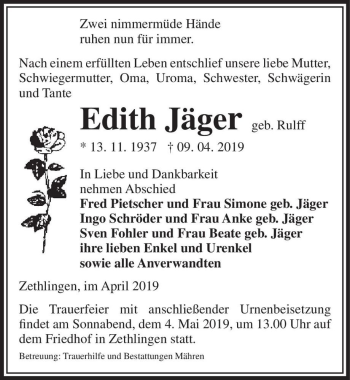Traueranzeige von Edith Jäger (geb. Rulff)  von Magdeburger Volksstimme