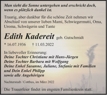 Traueranzeige von Edith Kadereit (geb. Gutschmidt)  von Magdeburger Volksstimme