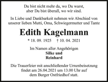 Traueranzeige von Edith Kagelmann  von Magdeburger Volksstimme