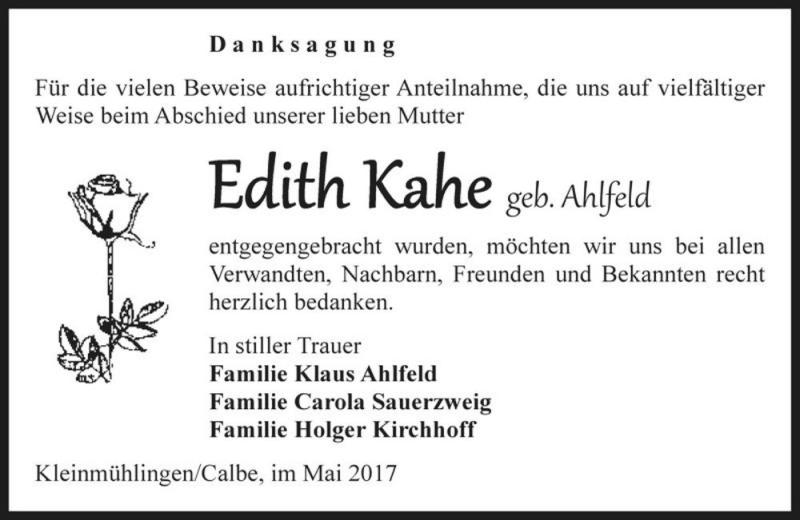  Traueranzeige für Edith Kahe (geb. Ahlfeld)  vom 20.05.2017 aus Magdeburger Volksstimme