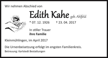 Traueranzeige von Edith Kahe (geb. Ahlfeld)  von Magdeburger Volksstimme