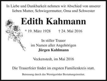 Traueranzeige von Edith Kahmann  von Magdeburger Volksstimme